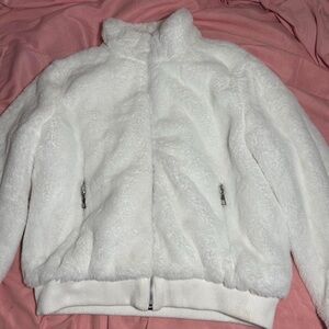 white fluffy zip up jacket